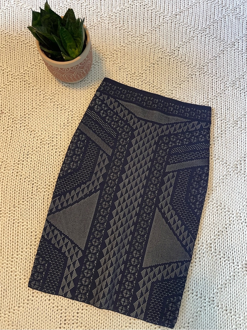 Navy Patterned Pencil Skirt
